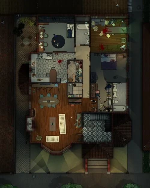 Two Story House For Two Families - First Floor - Splatter - Night